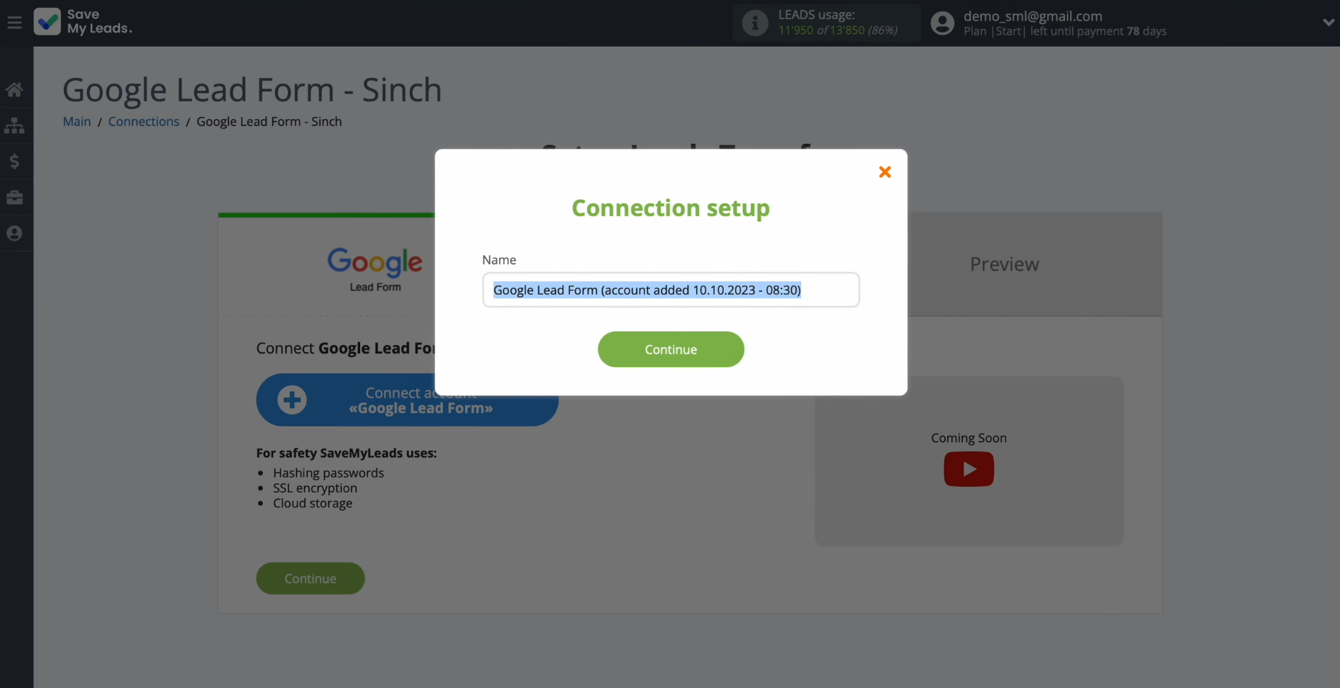 Google Lead Form and Sinch integration | Give a name to this connection or just click “Continue” Google Lead Form and Sinch integration | Give a name to this connection or just click “Continue”