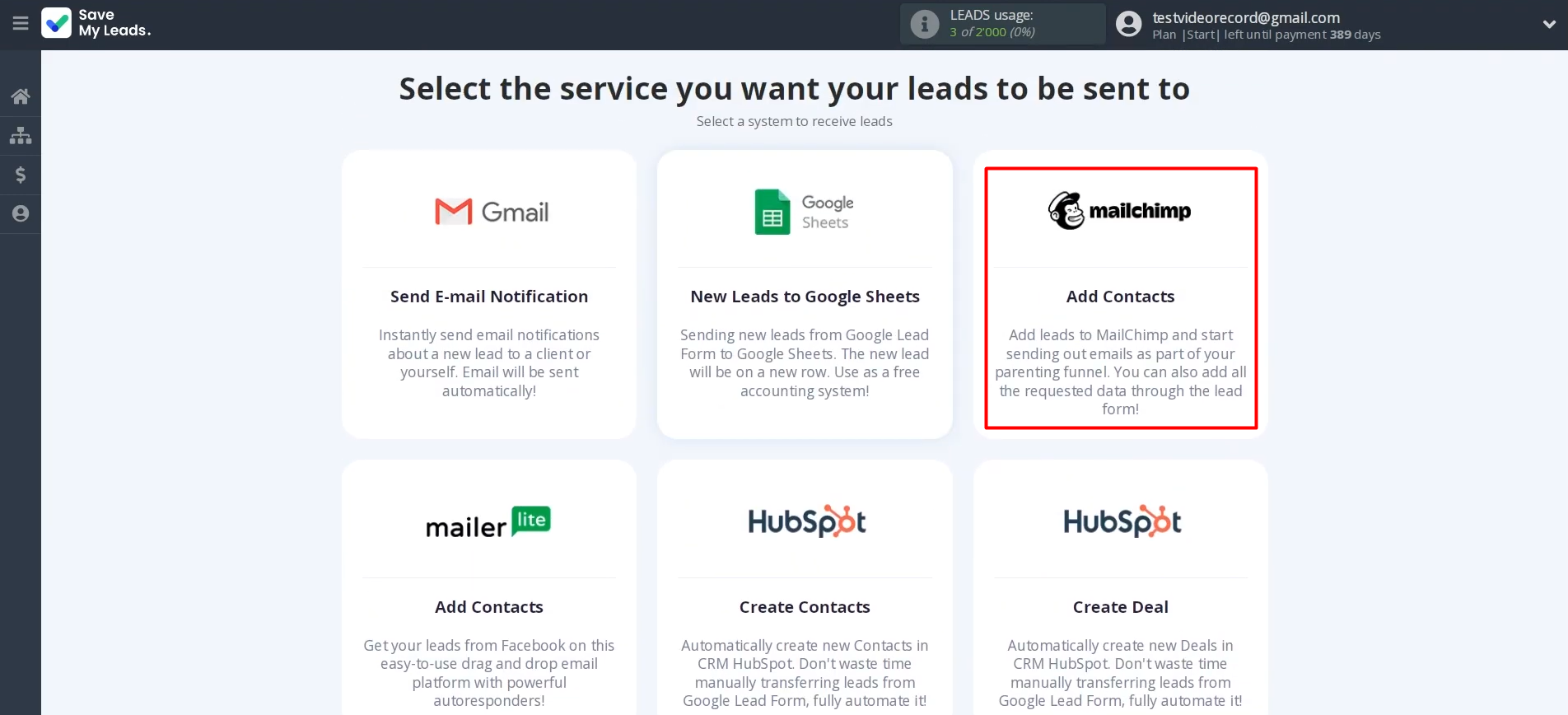 Google Lead Form and Mailchimp integration | Select "Mailchimp (Add Contacts)" Google Lead Form and Mailchimp integration | Select "Mailchimp (Add Contacts)"