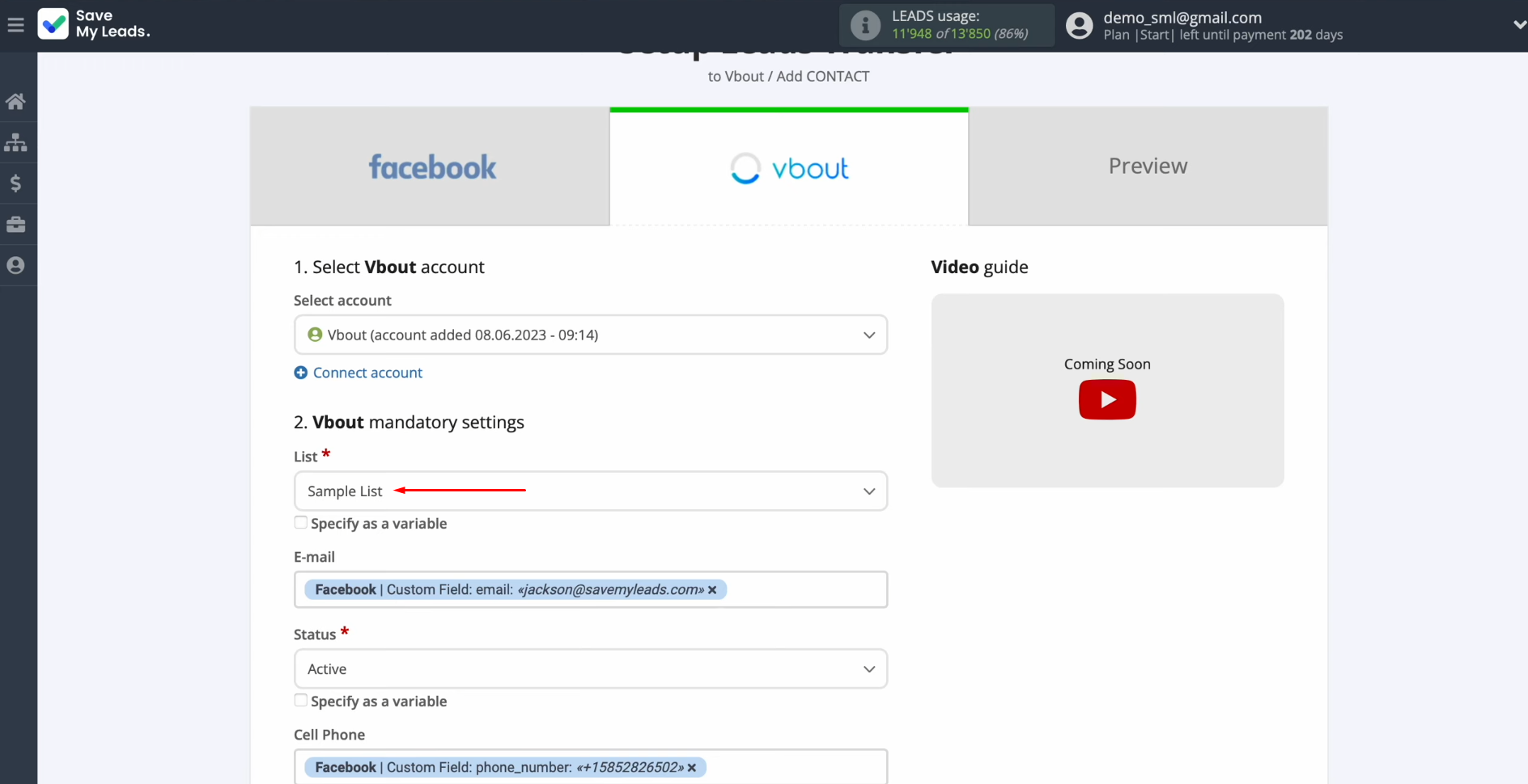 Facebook and Vbout integration | Select the list Facebook and Vbout integration | Select the list