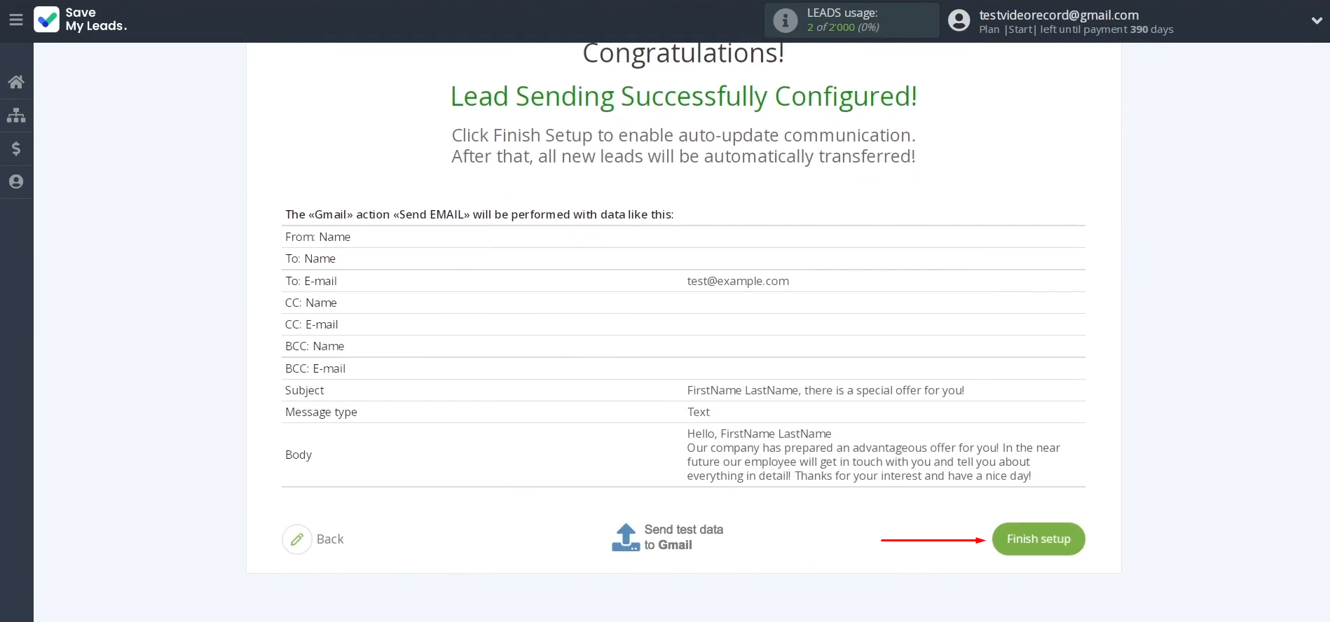 Google Lead Form and Gmail integration | Click “Finish setup” to enable the auto-update Google Lead Form and Gmail integration | Click “Finish setup” to enable the auto-update