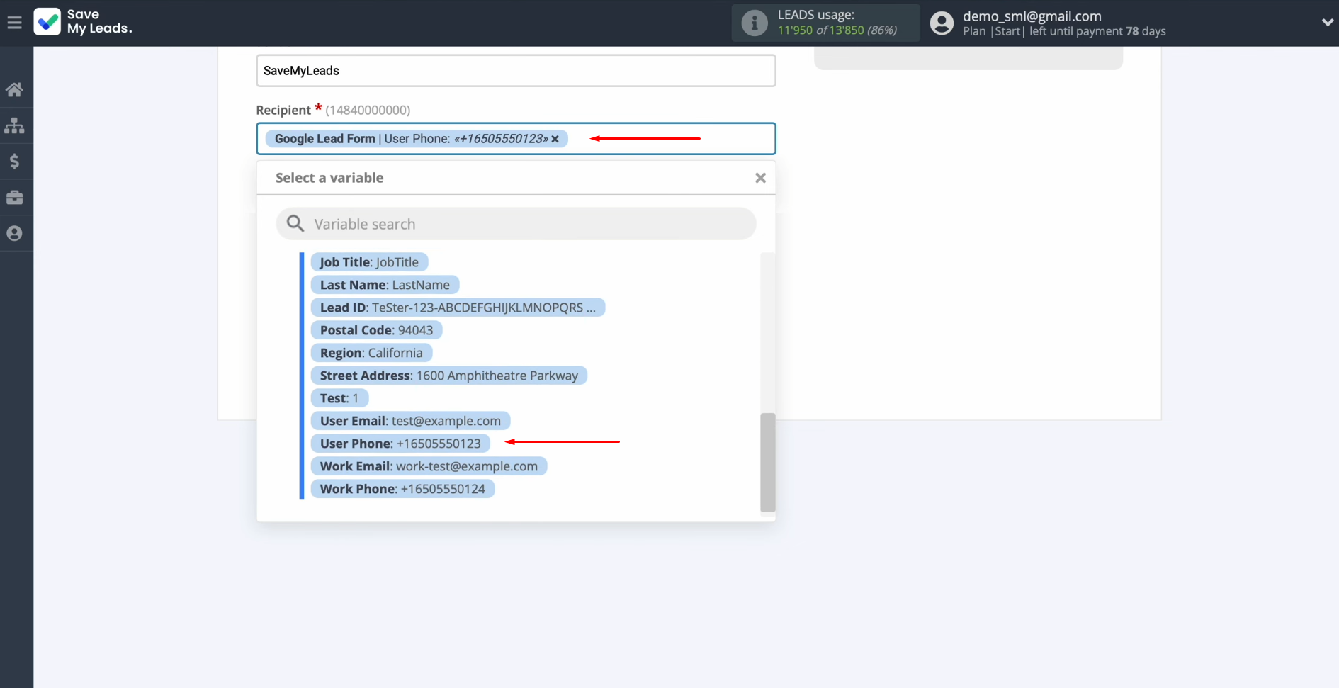 Google Lead Form and Sinch integration | In the recipient field, assign the phone number Google Lead Form and Sinch integration | In the recipient field, assign the phone number
