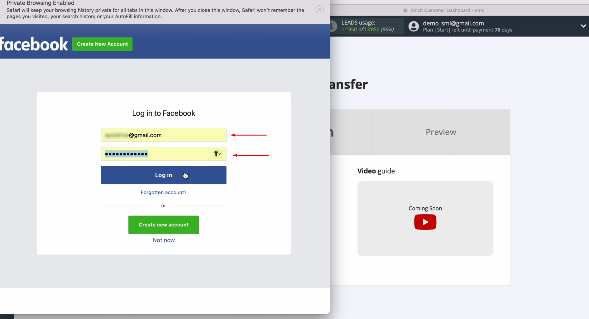 Facebook and Sinch integration | Specify the login and password Facebook and Sinch integration | Specify the login and password