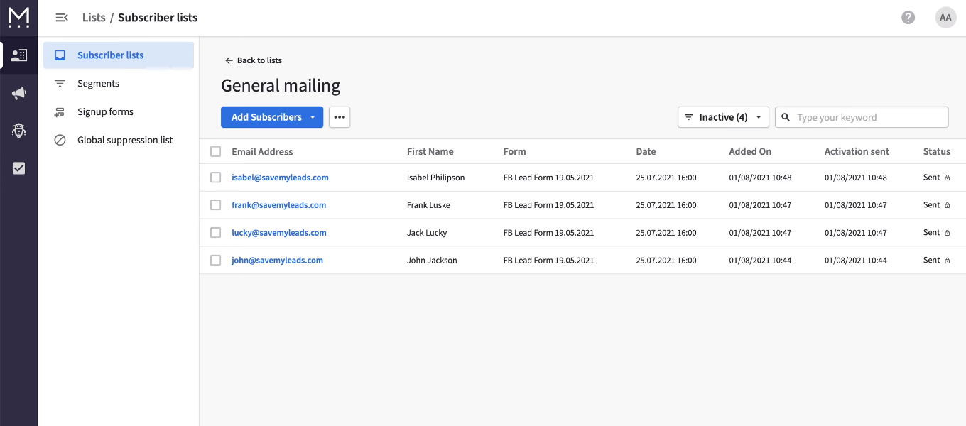 Facebook and Mailigen integration | Subscriber list Facebook and Mailigen integration | Subscriber list