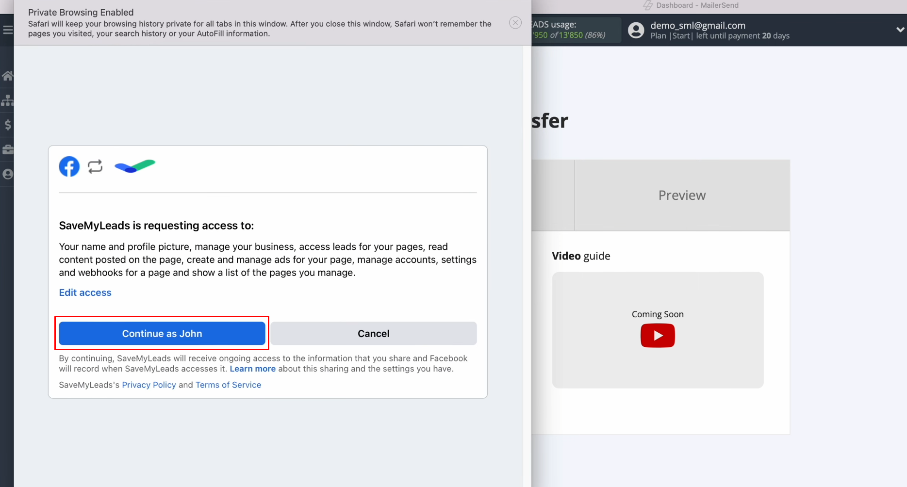 Facebook and MailerSend integration | Click “Continue as…” Facebook and MailerSend integration | Click “Continue as…”