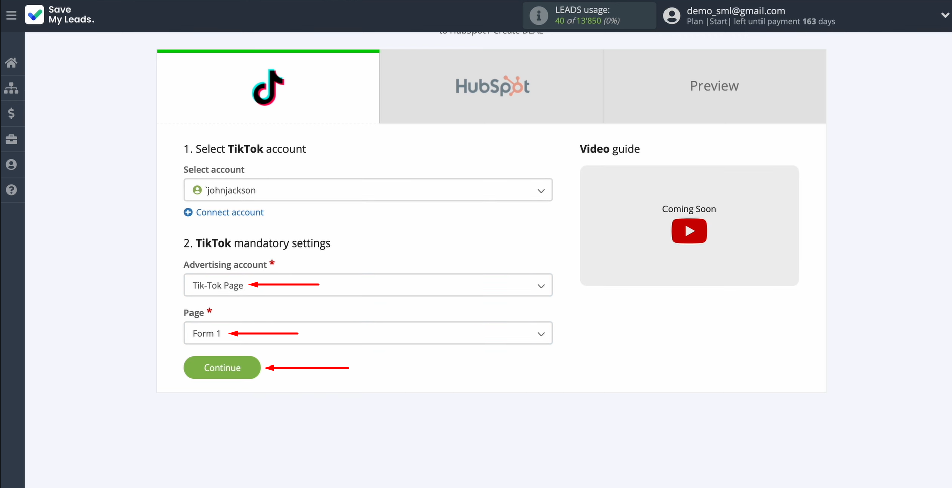 TikTok and HubSpot integration | Choose the relevant advertising page and form TikTok and HubSpot integration | Choose the relevant advertising page and form