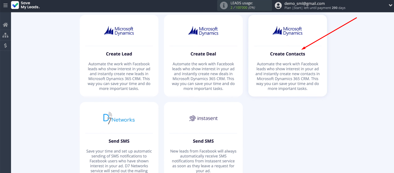 Facebook and Microsoft Dynamics 365 integration | Select the template “Microsoft Dynamics (Create Contacts)” Facebook and Microsoft Dynamics 365 integration | Select the template “Microsoft Dynamics (Create Contacts)”