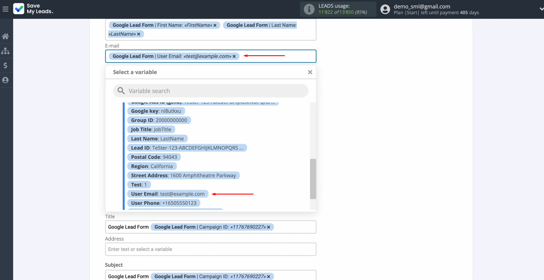 Pipedrive and Google Ads Lead Form integration | Click in the field and select a variable from the dropdown list Pipedrive and Google Ads Lead Form integration | Click in the field and select a variable from the dropdown list