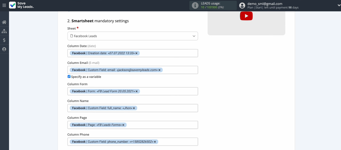 Facebook Lead Ads and Smartsheet integration | The set of preset values for Smartsheet fields Facebook Lead Ads and Smartsheet integration | The set of preset values for Smartsheet fields