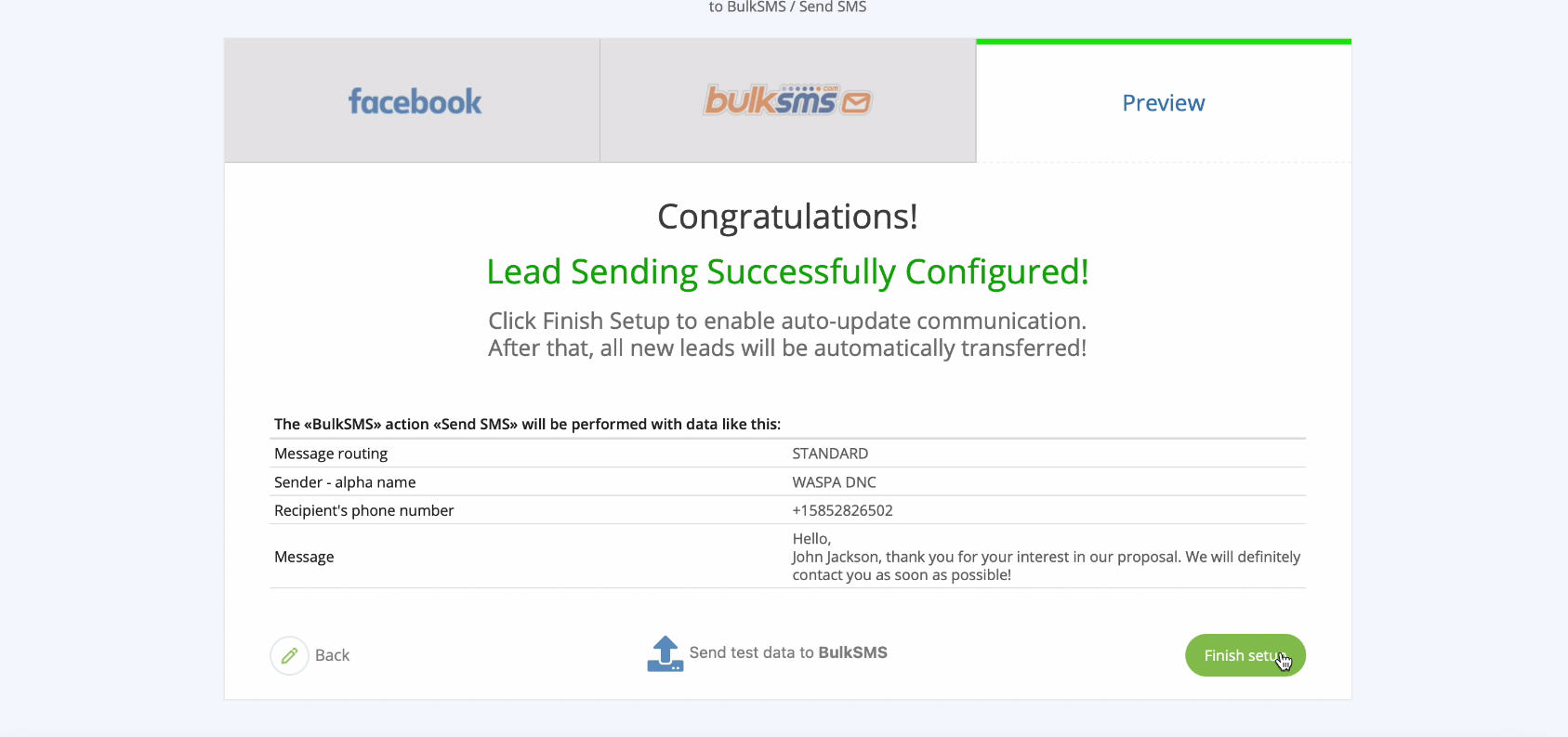 Facebook and BulkSMS integration | Click Finish Setup Facebook and BulkSMS integration | Click Finish Setup