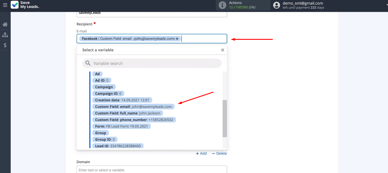 Facebook and MSG91 integration | Variables in the drop-list Facebook and MSG91 integration | Variables in the drop-list