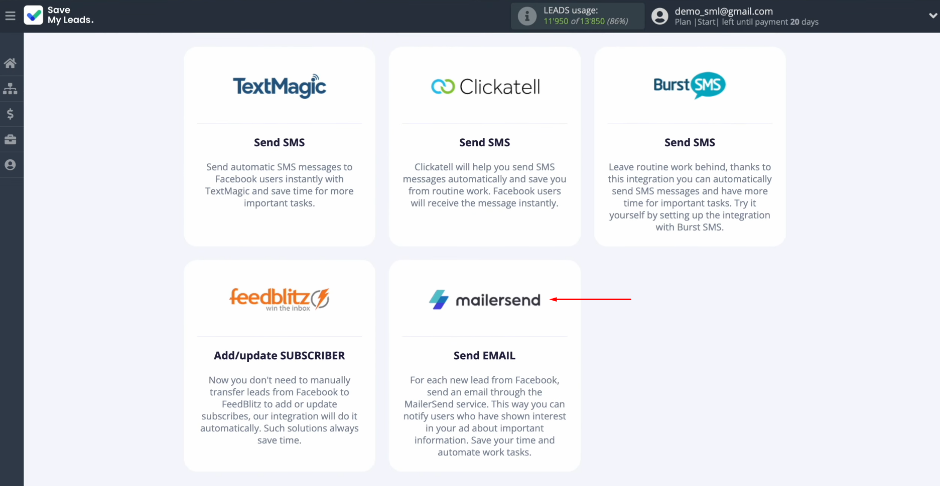 Facebook and MailerSend integration | Select the system, where you want to transfer new leads Facebook and MailerSend integration | Select the system, where you want to transfer new leads
