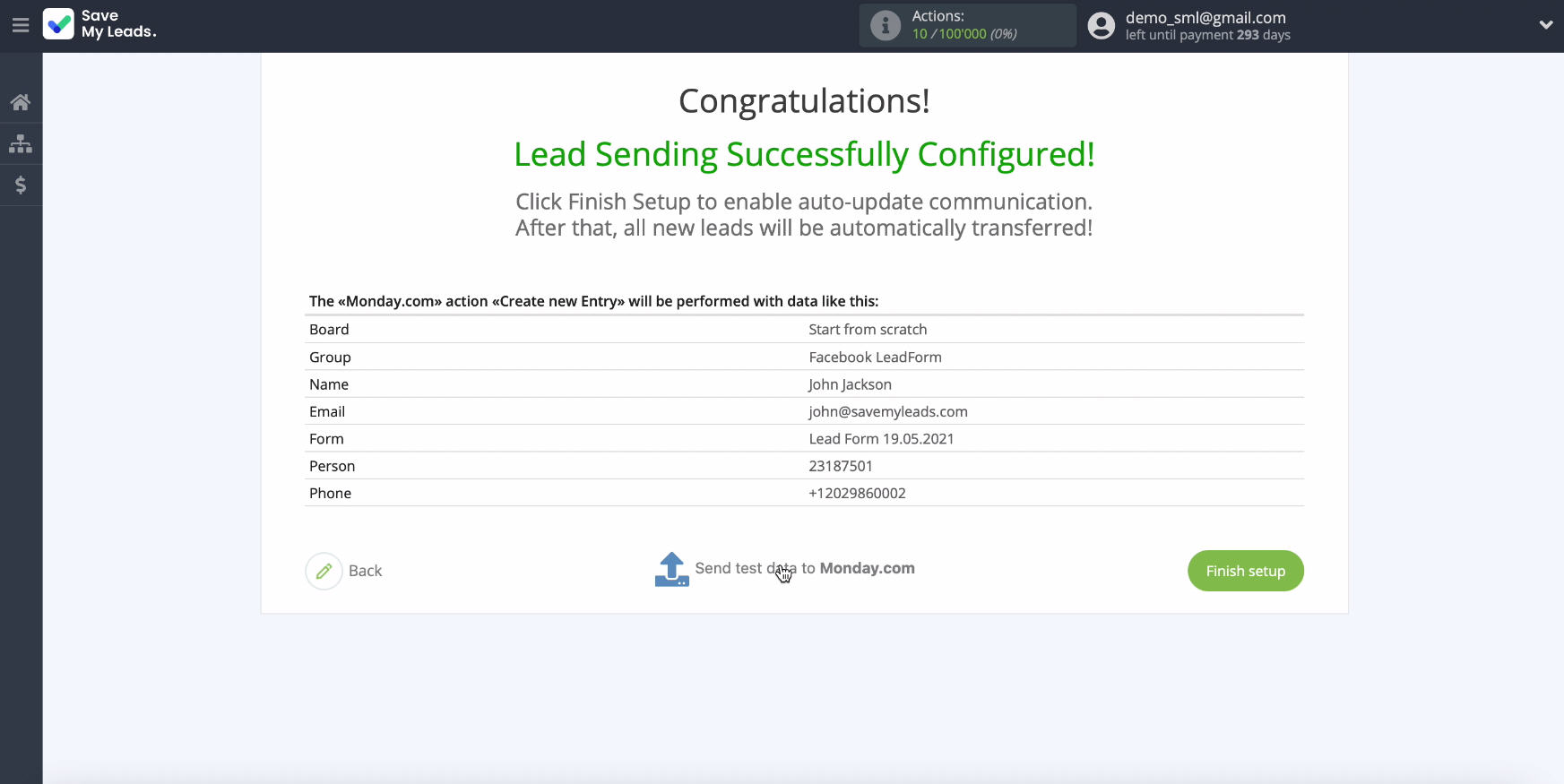 Facebook and Monday.com integration | Send test data Facebook and Monday.com integration | Send test data
