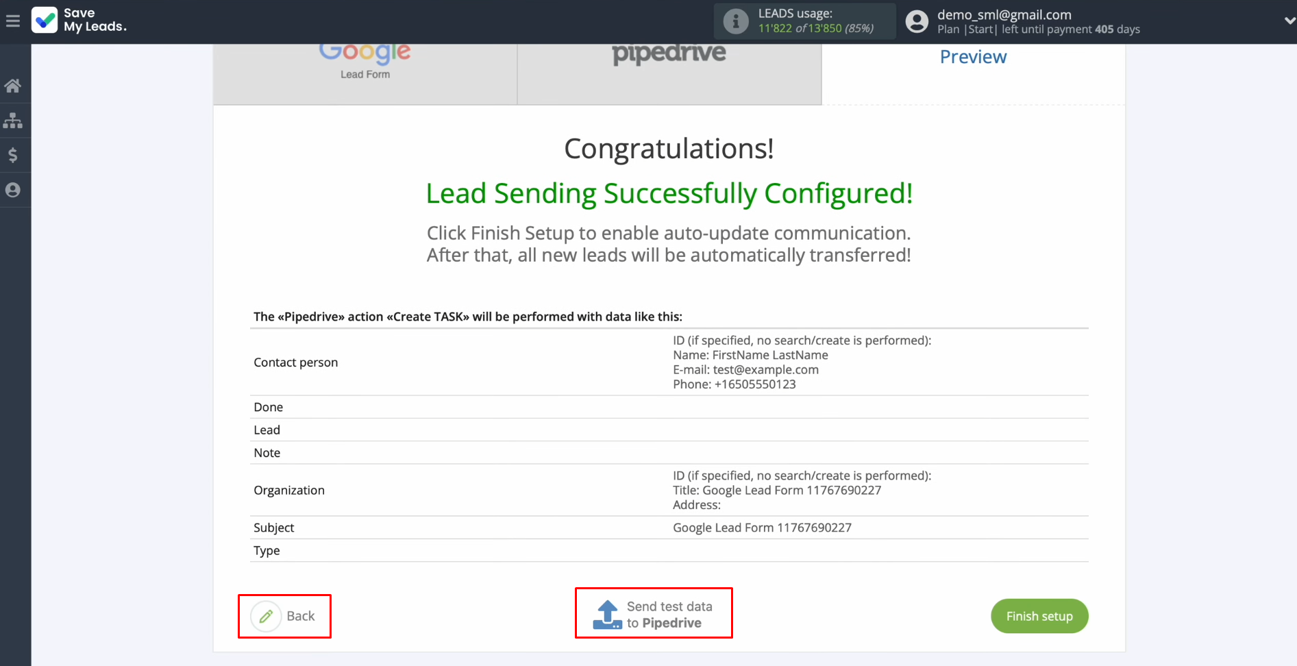 Pipedrive and Google Ads Lead Form integration | To verify the settings' accuracy, click "Send test data to Pipedrive" Pipedrive and Google Ads Lead Form integration | To verify the settings' accuracy, click "Send test data to Pipedrive"
