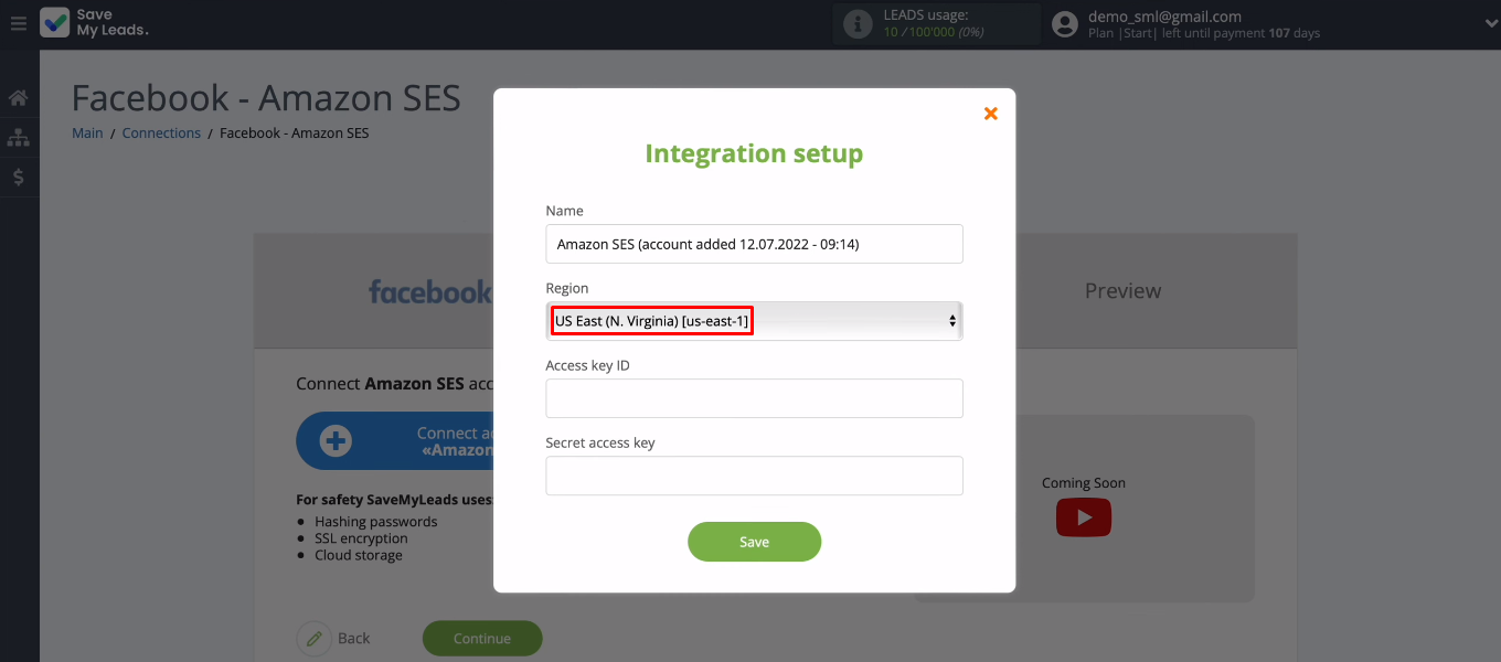 Facebook and Amazon SES integration | Set the region Facebook and Amazon SES integration | Set the region