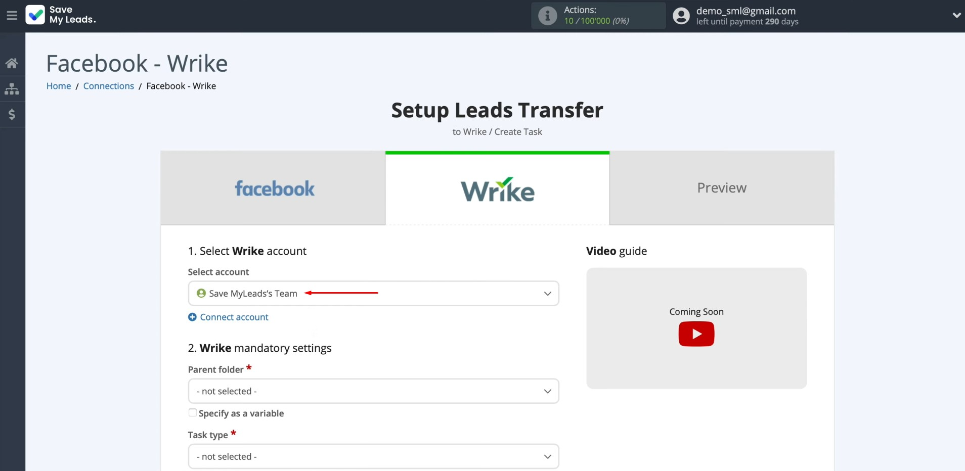 Facebook and Wrike integration | Select the connected account Facebook and Wrike integration | Select the connected account