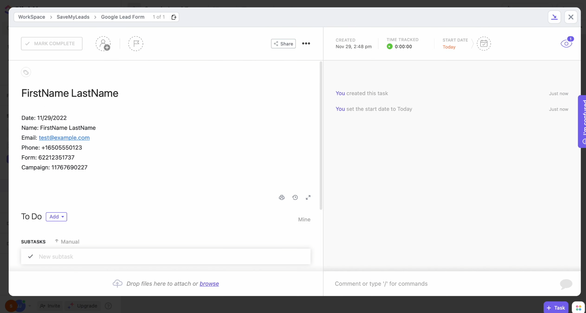 Google Ads Lead Form and ClickUp integration | Open ClickUp to verify the result Google Ads Lead Form and ClickUp integration | Open ClickUp to verify the result