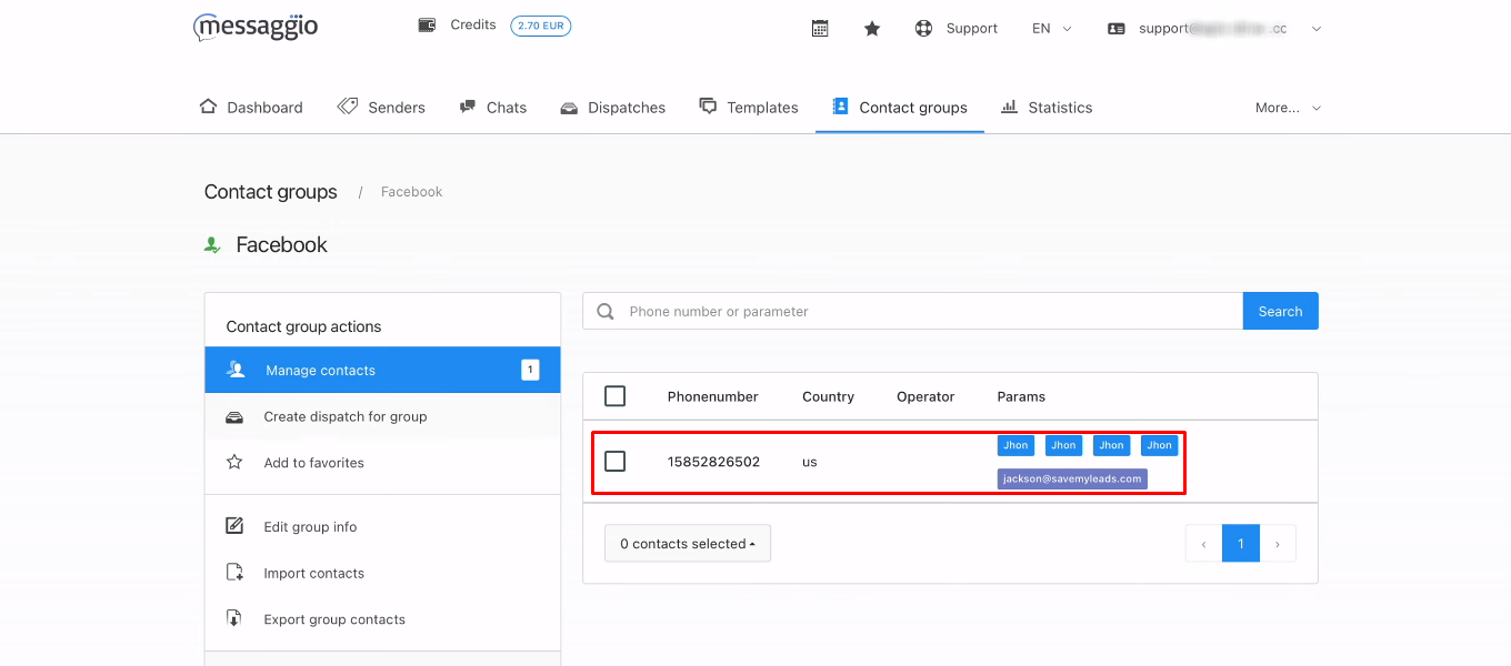 Facebook and Messaggio integration | Check for a new test contact in Messaggio Facebook and Messaggio integration | Check for a new test contact in Messaggio