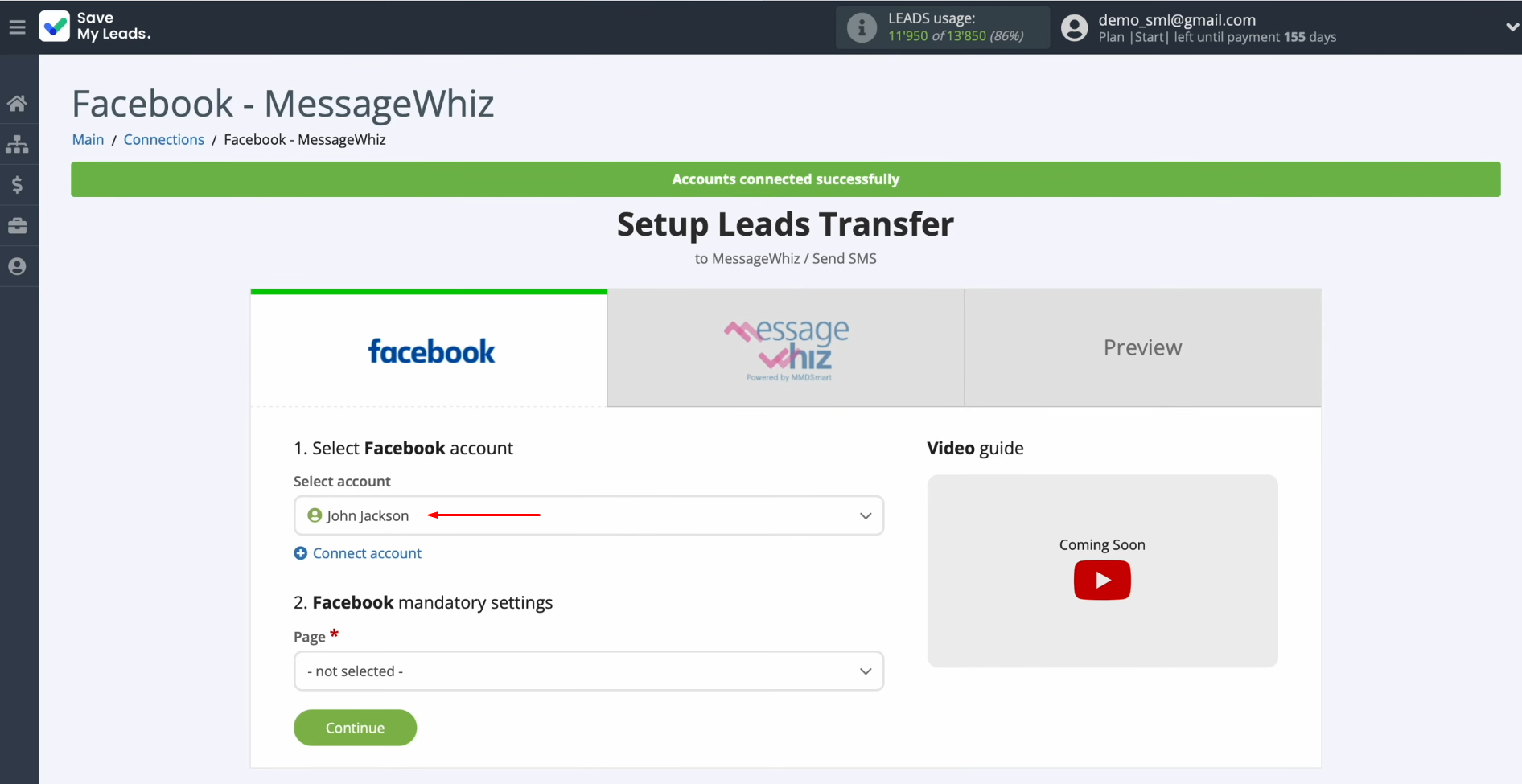 MessageWhiz and Facebook integration | Select the connected login MessageWhiz and Facebook integration | Select the connected login