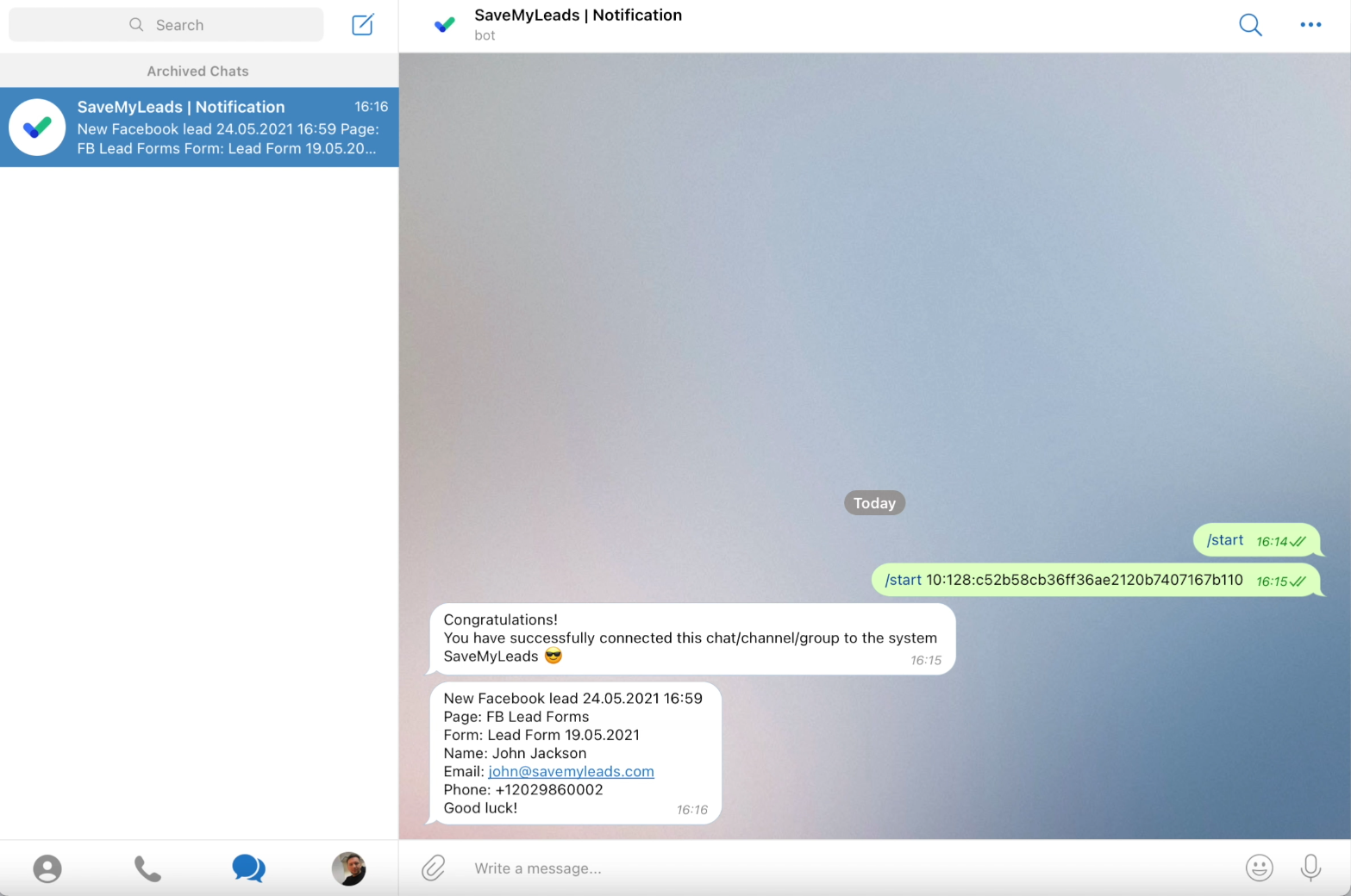 How to set up the upload of new leads from a Facebook advertising account in Telegram | Example message with lead details How to set up the upload of new leads from a Facebook advertising account in Telegram | Example message with lead details