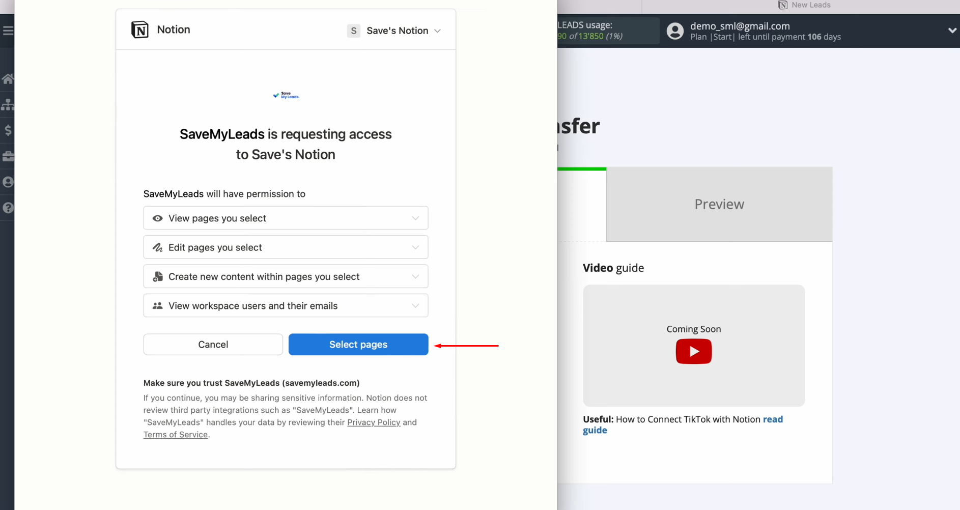 Notion and TikTok integration | Select specific pages to grant permissions Notion and TikTok integration | Select specific pages to grant permissions