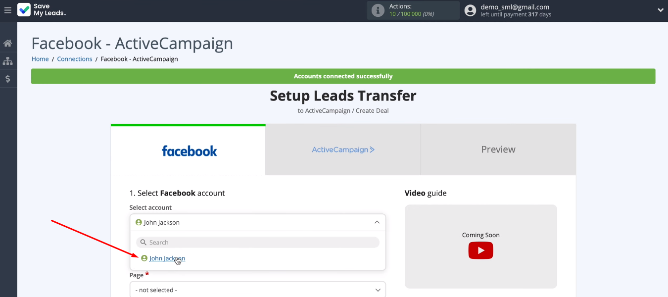 Facebook and ActiveCampaign integration | Select the desired account Facebook and ActiveCampaign integration | Select the desired account