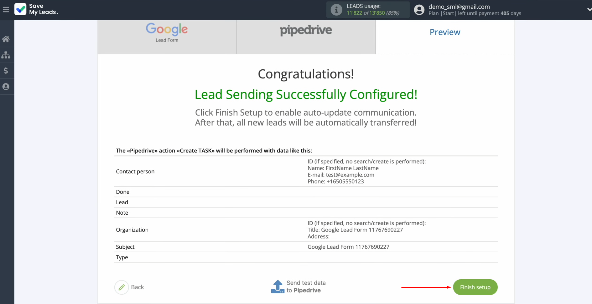 Google Leads and Pipedrive integration | Click "Finish setup" to enable connection auto-update Google Leads and Pipedrive integration | Click "Finish setup" to enable connection auto-update