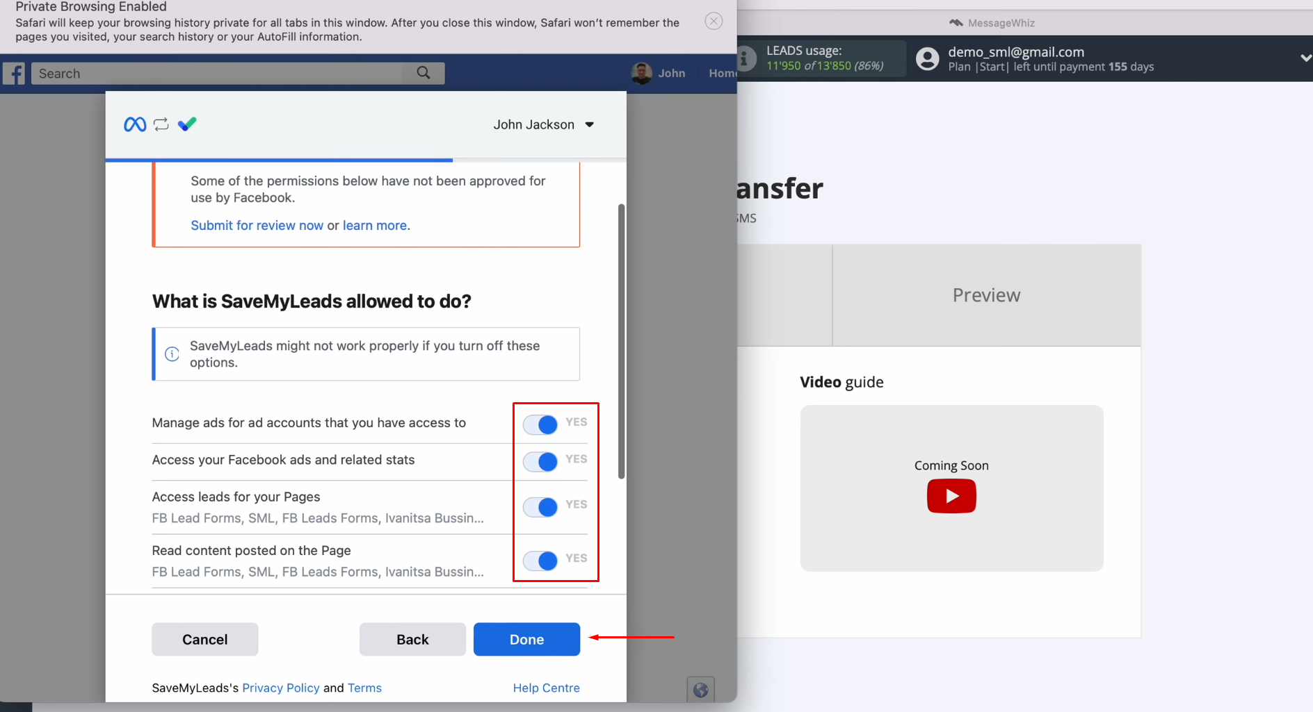 MessageWhiz and Facebook integration | Leave all checkboxes enabled MessageWhiz and Facebook integration | Leave all checkboxes enabled