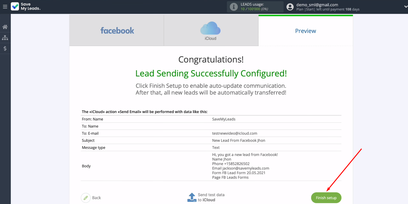 Facebook and iCloud integration | Click "Finish setup" Facebook and iCloud integration | Click "Finish setup"
