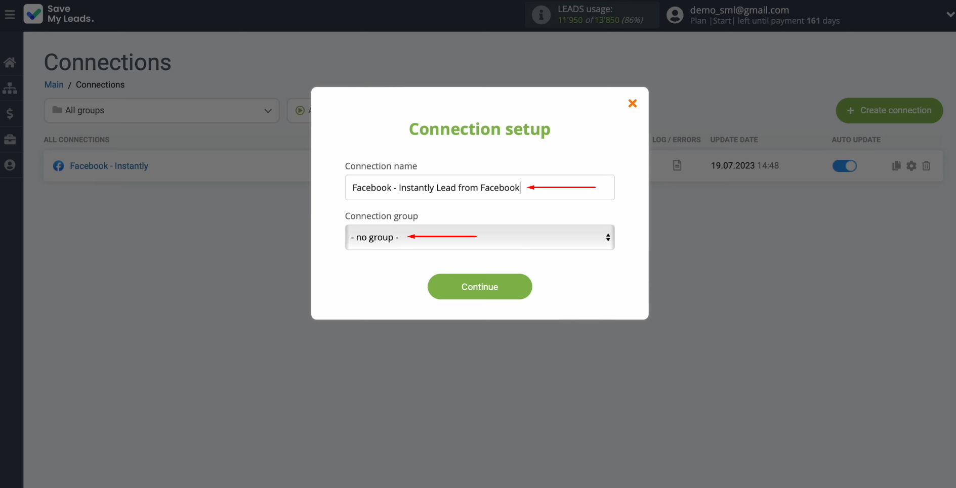 Facebook and Instantly integration | Change the connection name and add it to a group Facebook and Instantly integration | Change the connection name and add it to a group