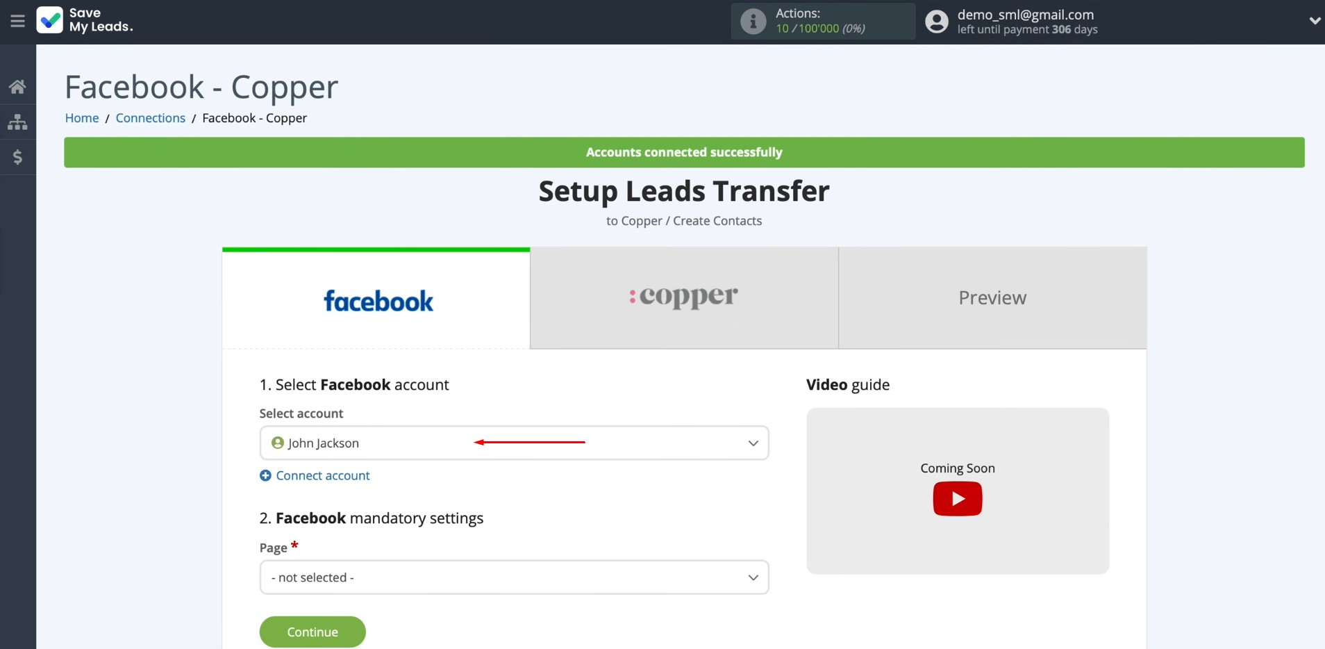 Facebook and Copper integration | Select the connected account Facebook and Copper integration | Select the connected account