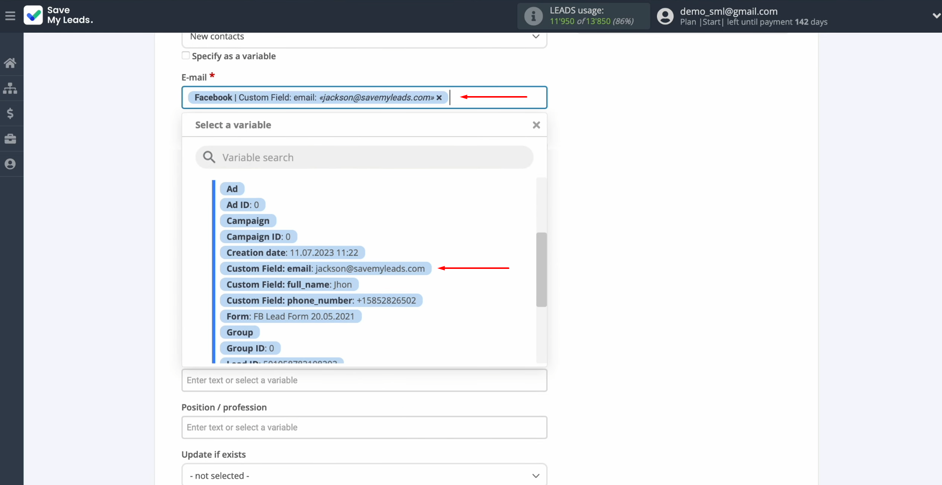 Snov.io and Facebook integration | Select a variable from the drop-down list Snov.io and Facebook integration | Select a variable from the drop-down list