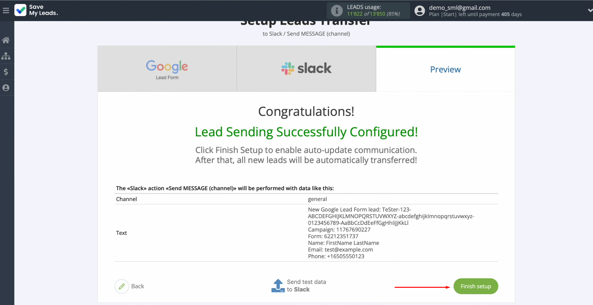 Google Lead Form and Slack integration | Click “Finish setup” Google Lead Form and Slack integration | Click “Finish setup”