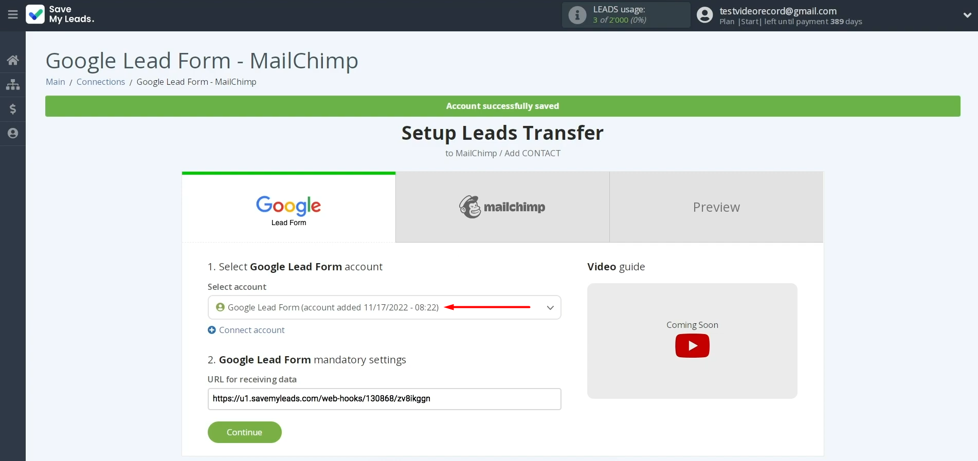 Google Lead Form and Mailchimp integration | Select the connected account Google Lead Form and Mailchimp integration | Select the connected account