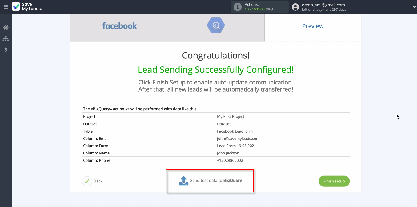 Facebook and Google BigQuery integration | Send test data Facebook and Google BigQuery integration | Send test data