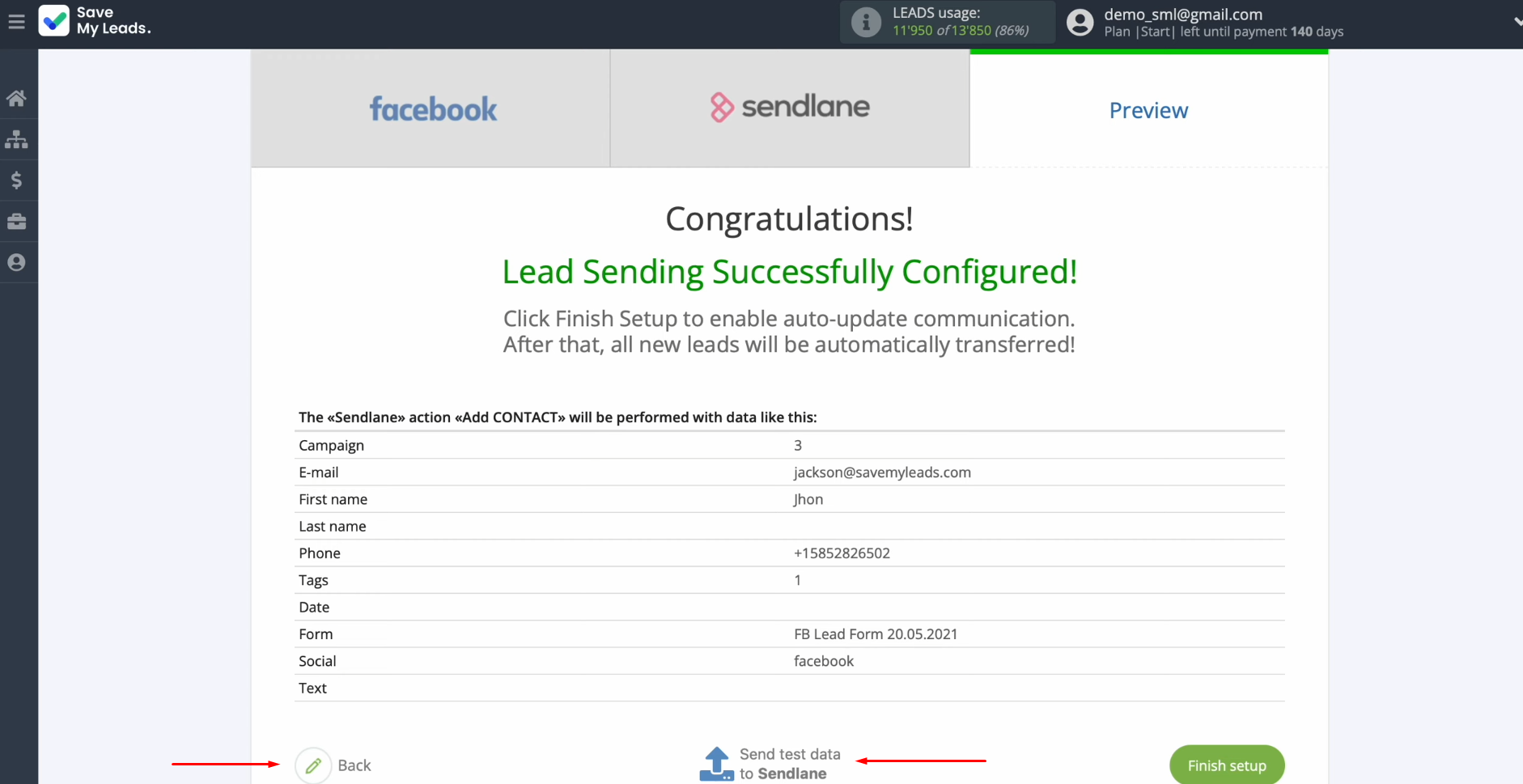 Sendlane and Facebook integration | Click "Back" or “Send test data to Sendlane” Sendlane and Facebook integration | Click "Back" or “Send test data to Sendlane”