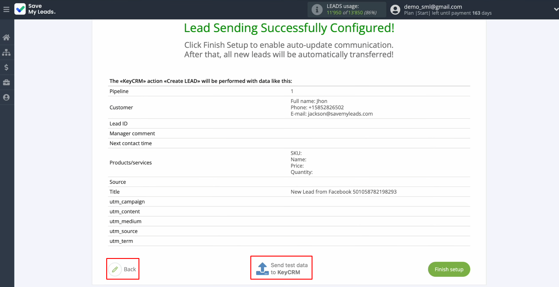 Facebook and KeyCRM integration | Click “Back” or “Send test data to KeyCRM” Facebook and KeyCRM integration | Click “Back” or “Send test data to KeyCRM”