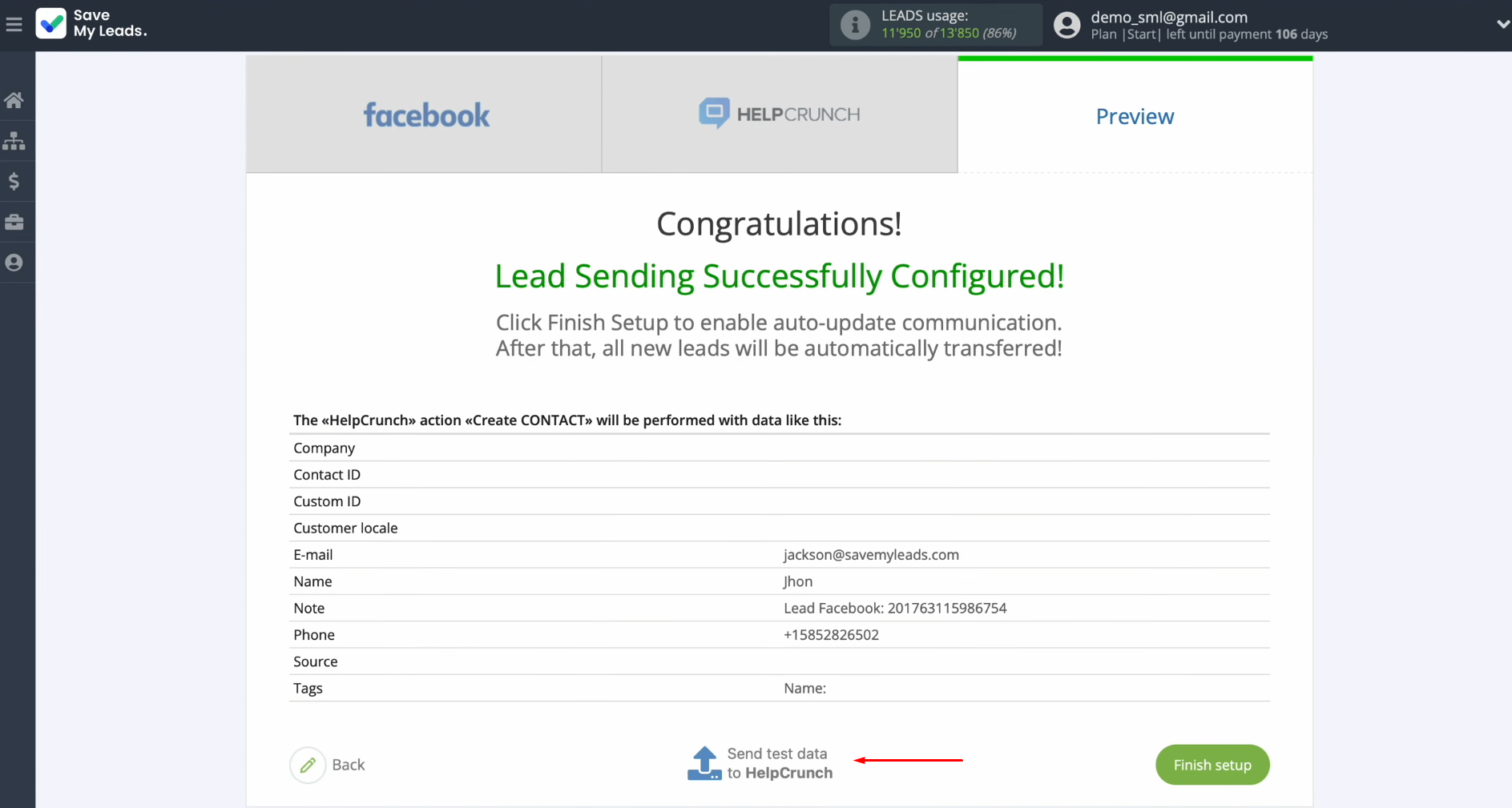Facebook and HelpCrunch integration | Click “Send test data to HelpCrunch” Facebook and HelpCrunch integration | Click “Send test data to HelpCrunch”