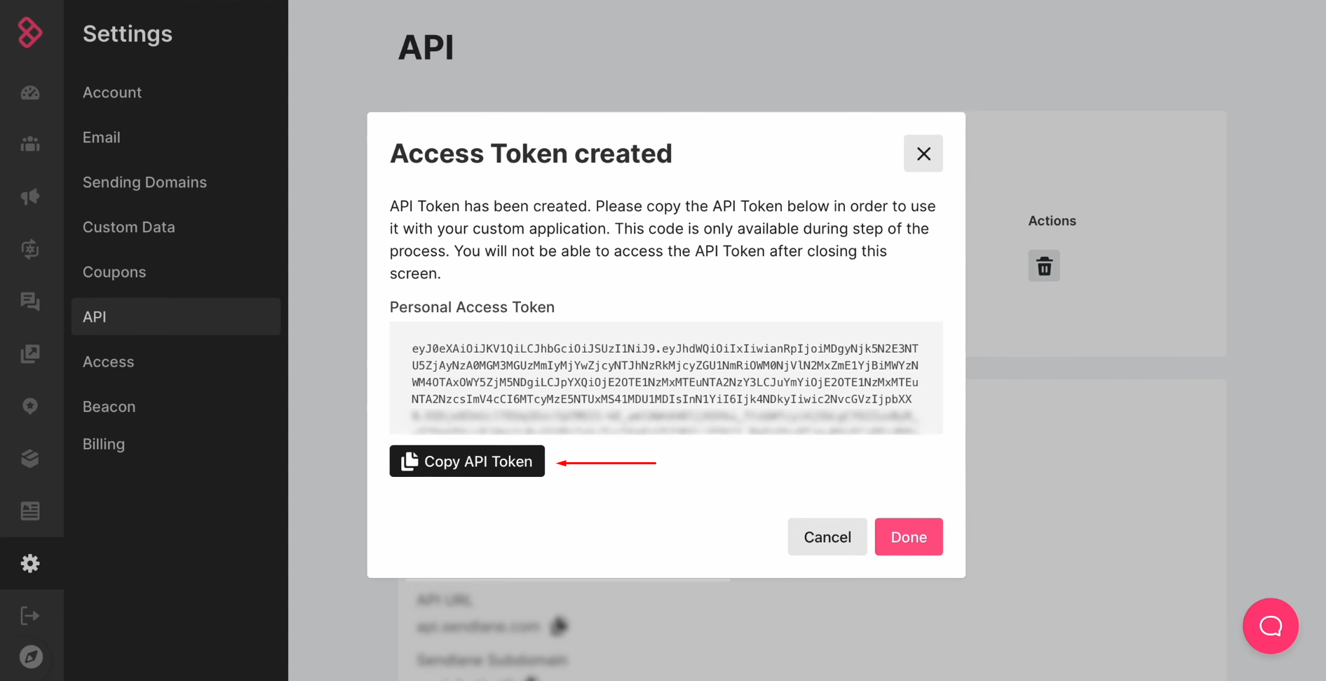 Sendlane and Facebook integration | Copy the API token Sendlane and Facebook integration | Copy the API token