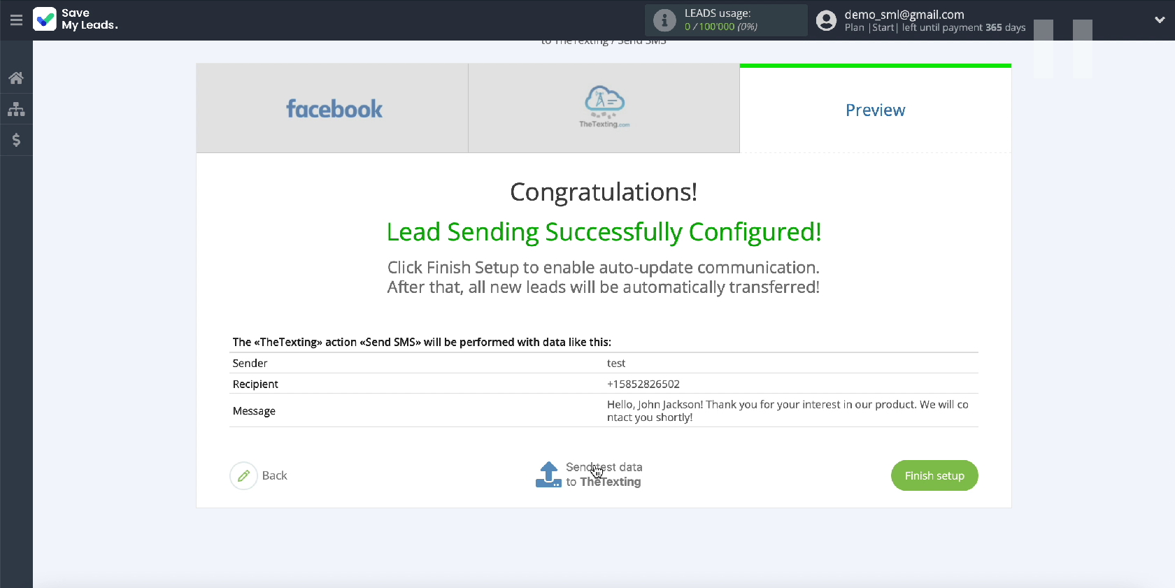 Facebook and The Texting integration | Sending test data Facebook and The Texting integration | Sending test data
