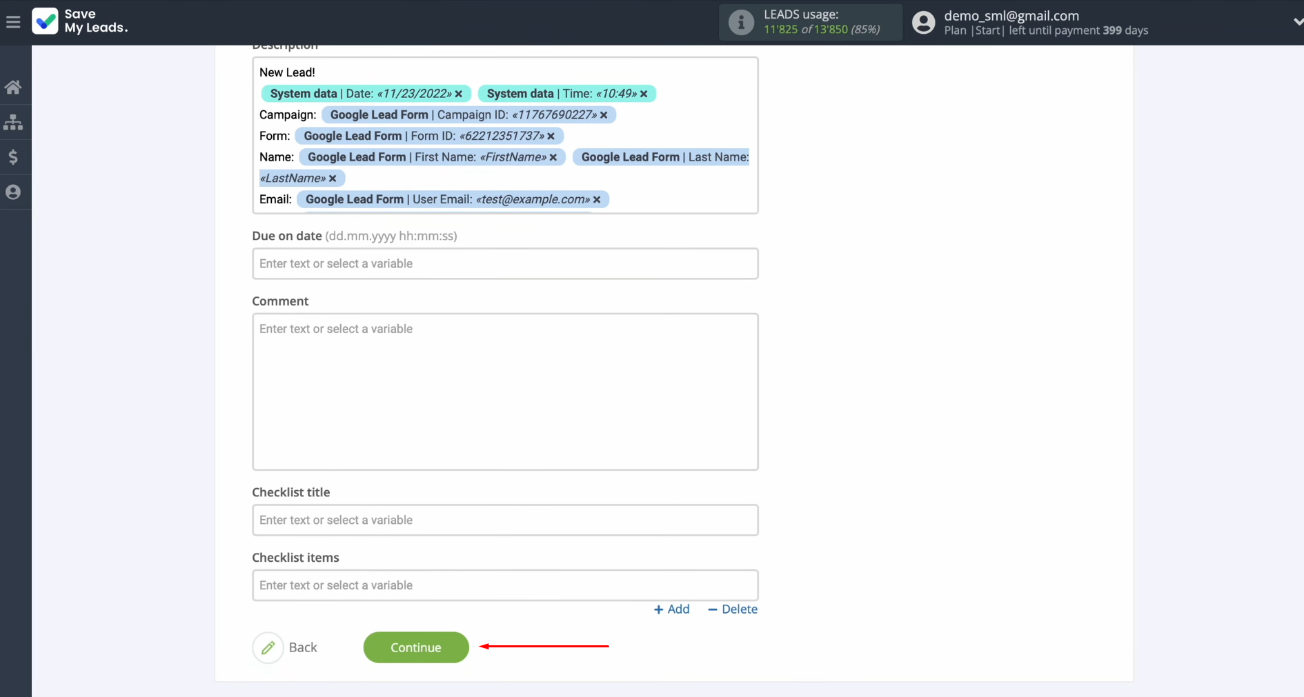 Google Lead Form and Trello integration | Once all settings are complete, click "Continue" Google Lead Form and Trello integration | Once all settings are complete, click "Continue"