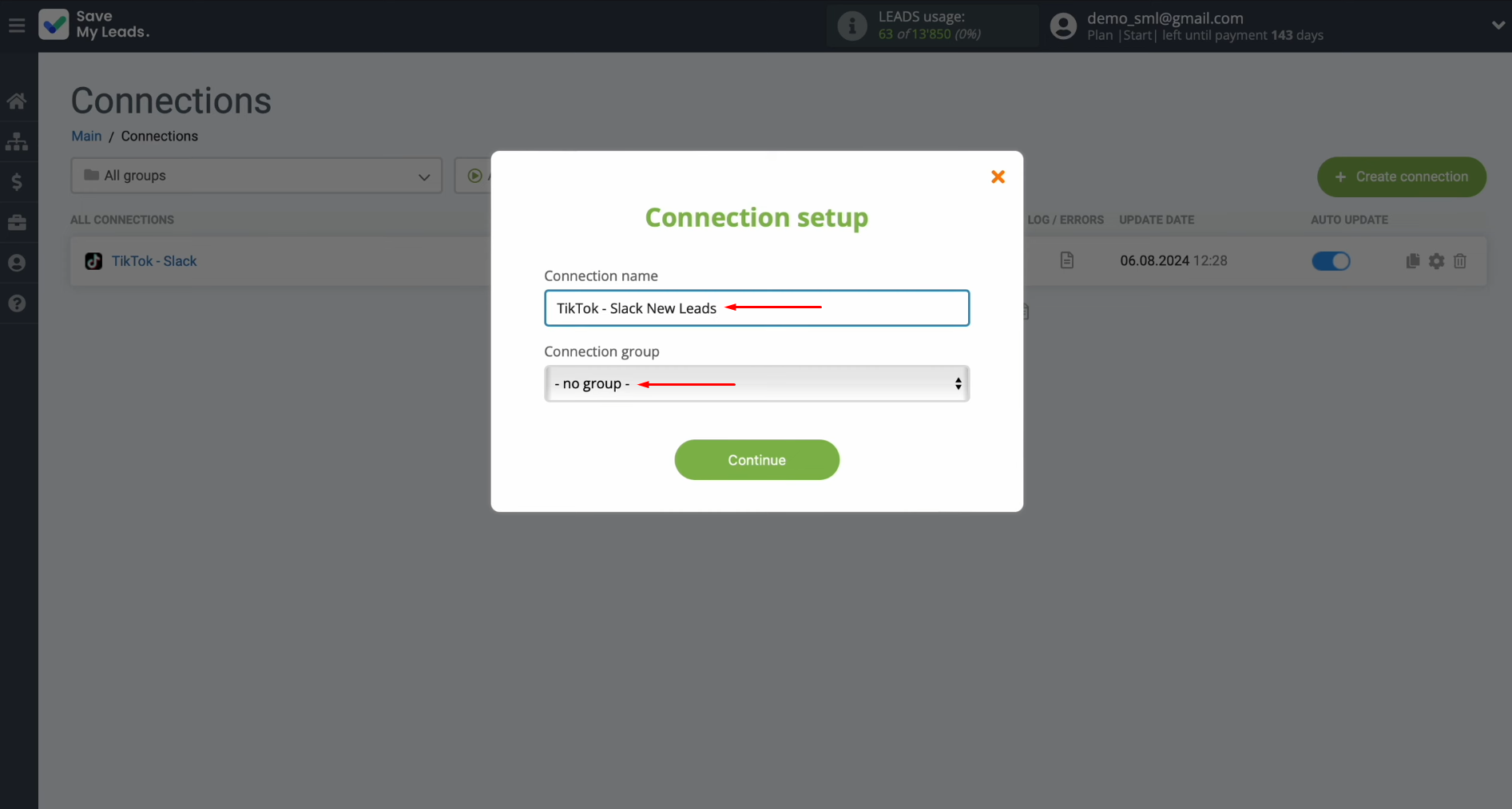 TikTok and Slack integration | Modify the connection name and assign it to a group TikTok and Slack integration | Modify the connection name and assign it to a group