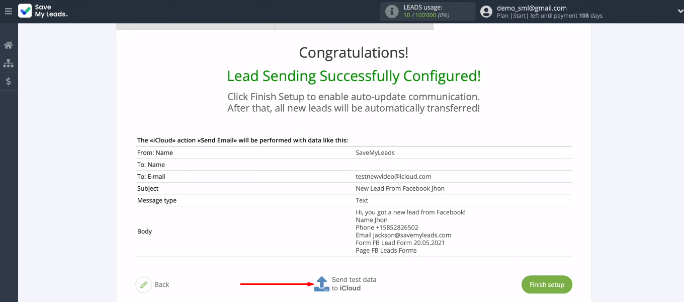 Facebook and iCloud integration | Send test data to iCloud Facebook and iCloud integration | Send test data to iCloud