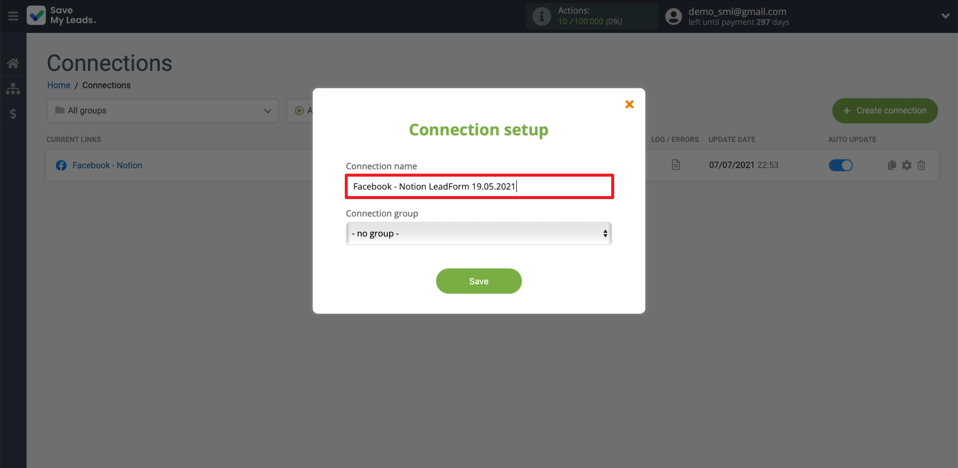 How to set up the upload of new leads from your Facebook ad account to Notion | Editing name of the connection How to set up the upload of new leads from your Facebook ad account to Notion | Editing name of the connection