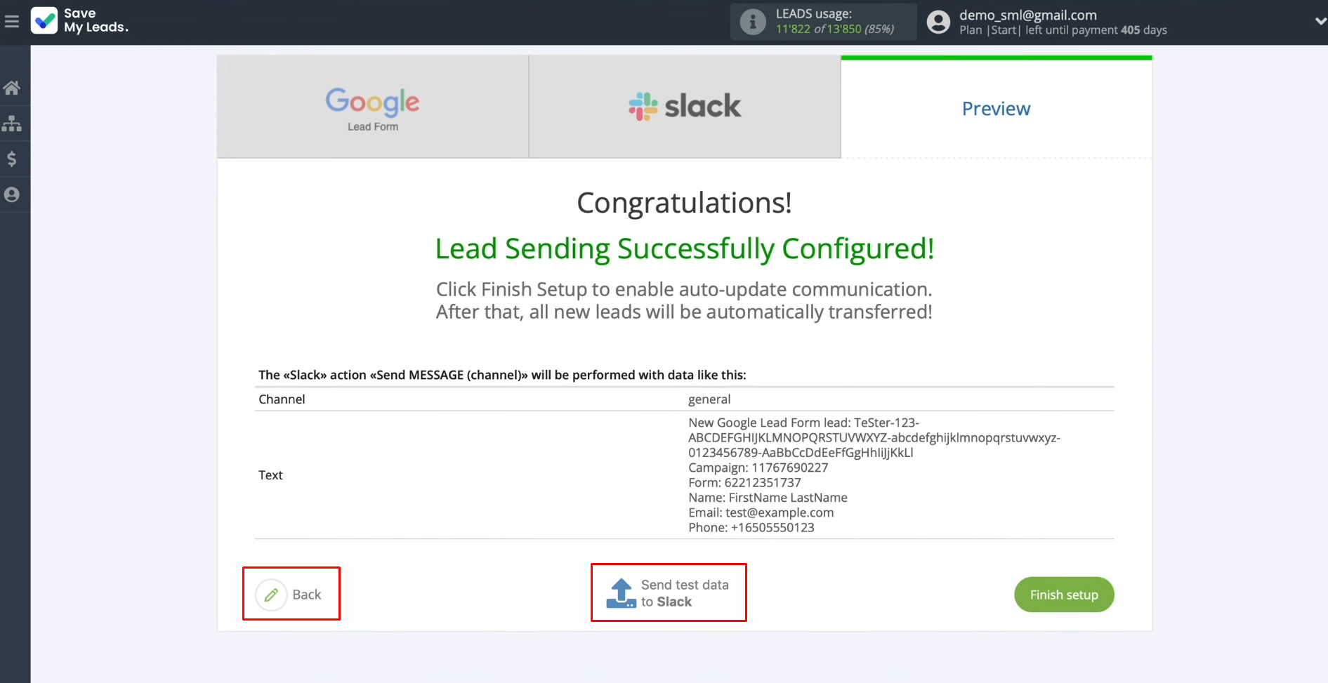 Google Lead Form and Slack integration | Click “Back” or “Send test data to Slack” Google Lead Form and Slack integration | Click “Back” or “Send test data to Slack”