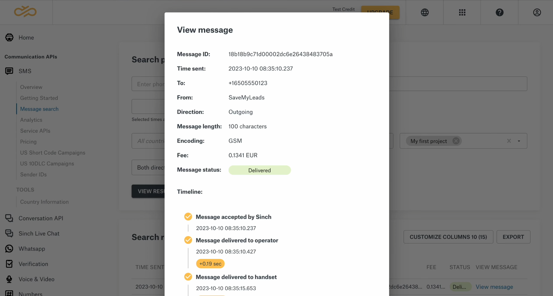 Google Lead Form and Sinch integration | Result of the data transfer to Sinch Google Lead Form and Sinch integration | Result of the data transfer to Sinch