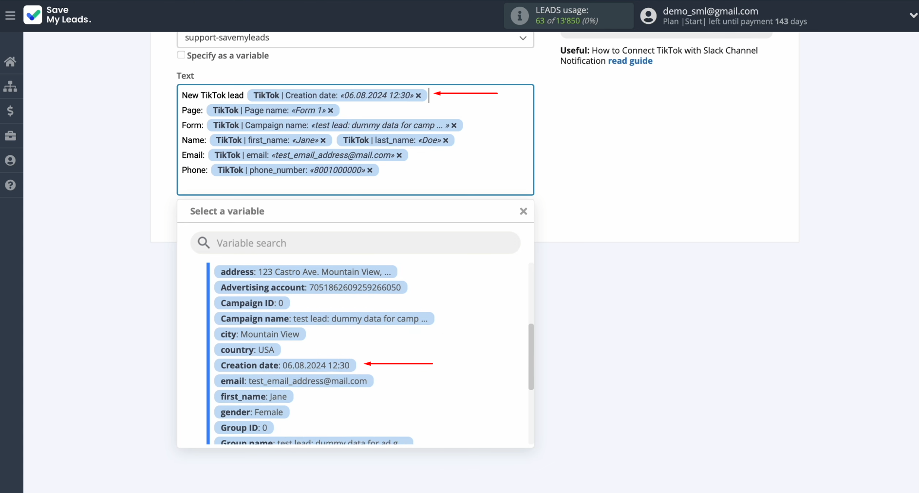 TikTok and Slack integration | Click in the field and choose the variable from the drop-down menu TikTok and Slack integration | Click in the field and choose the variable from the drop-down menu