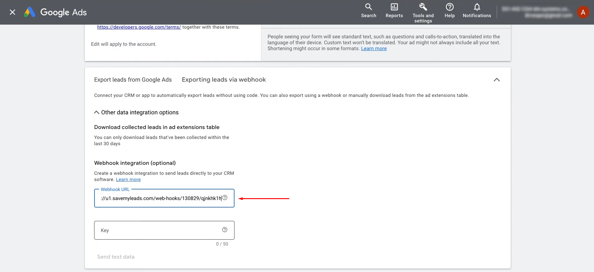 Google Lead Form and Gmail integration | Paste the copied link into the appropriate field Google Lead Form and Gmail integration | Paste the copied link into the appropriate field