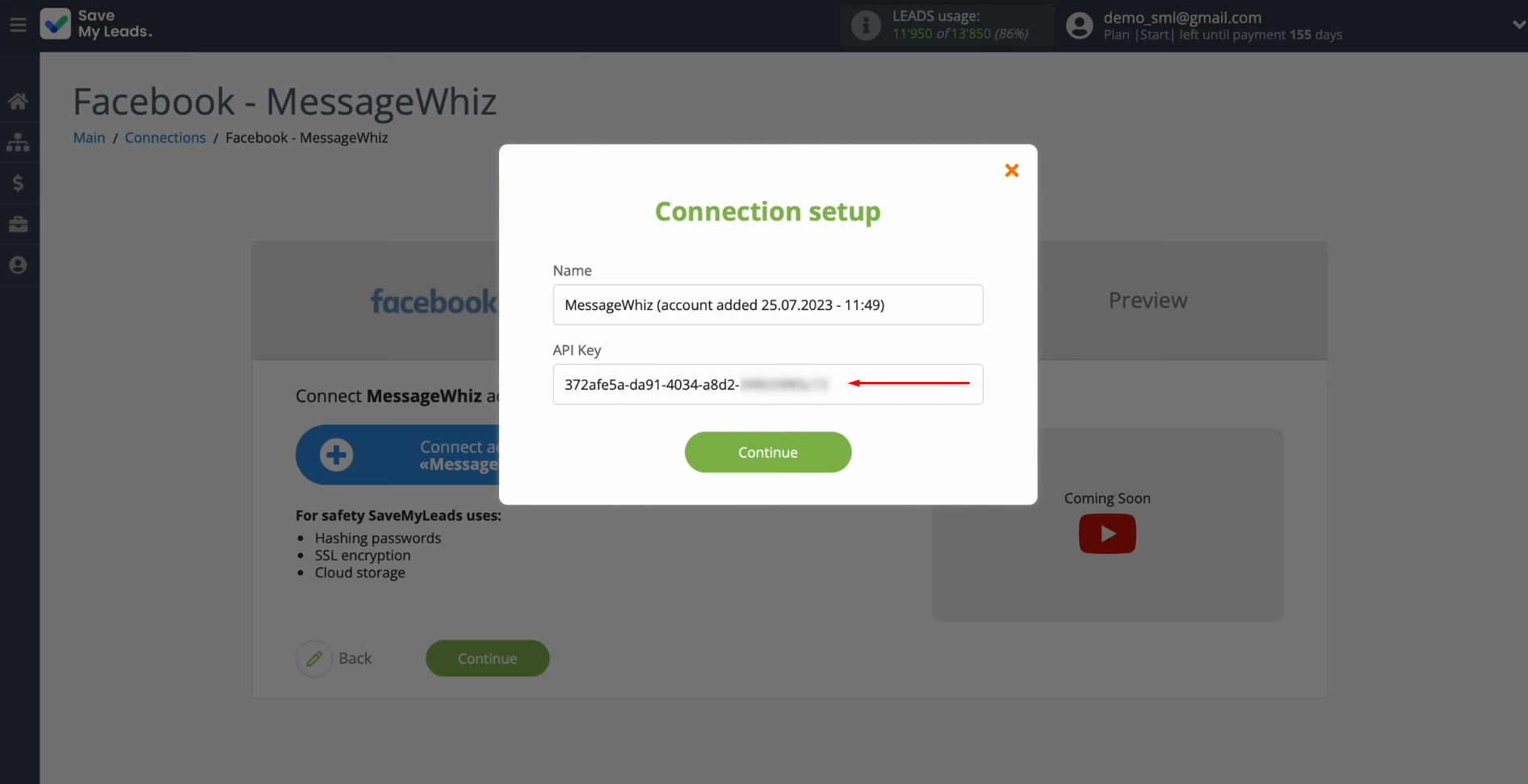 MessageWhiz and Facebook integration | Paste the API key into the appropriate field MessageWhiz and Facebook integration | Paste the API key into the appropriate field