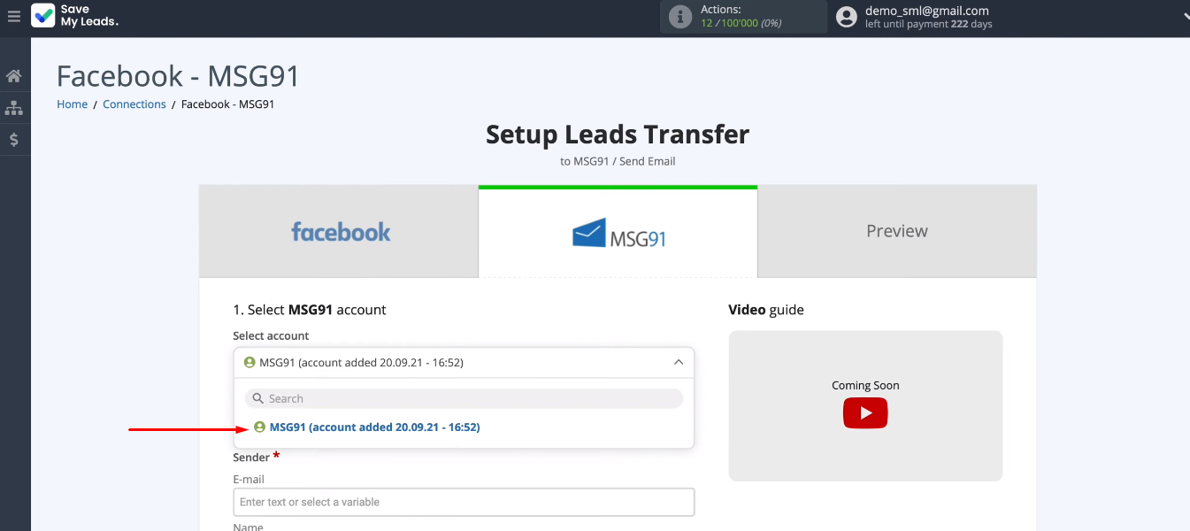 Facebook and MSG91 integration | Select MSG91 account Facebook and MSG91 integration | Select MSG91 account