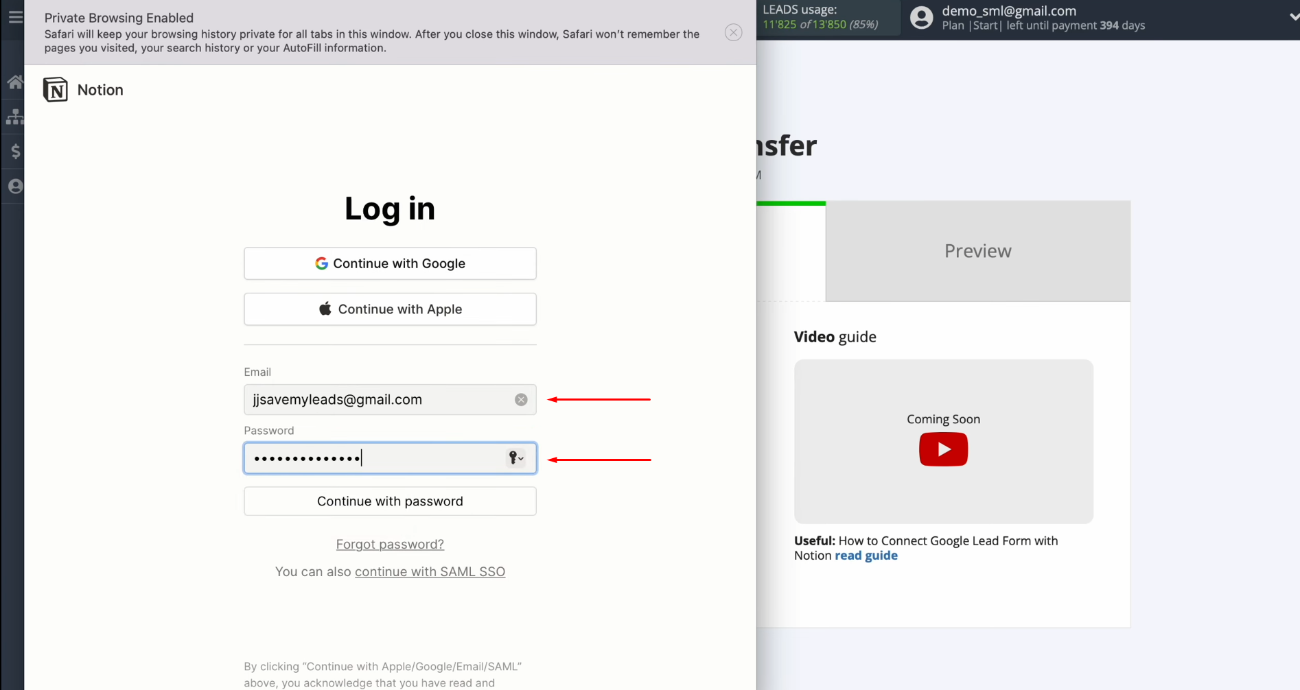 Google Ads Lead Form and Notion integration | Specify the login and password of your Notion account Google Ads Lead Form and Notion integration | Specify the login and password of your Notion account